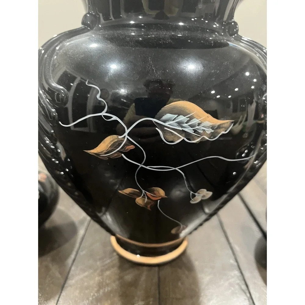 Fenton Autumn On Black Vase‎ Candle Holders Set Console Fall Leaves Hand Painted
